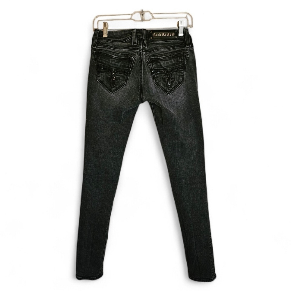 Rock Revival Charlotte Skinny Charcoal Black Sequin‎  Fleur-de-Lis Jeans | 26